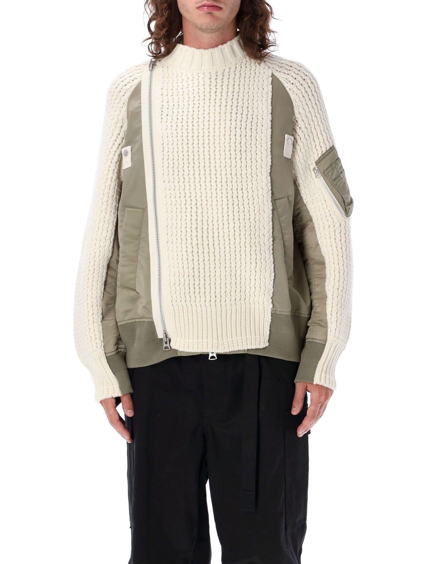 LIGHT_KAKI_OFF_WHITE SACAI NYLON TWILL MIX KNIT BLOUSON