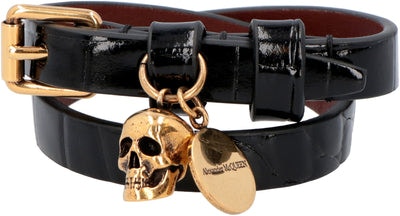 1000 ALEXANDER MCQUEEN LEATHER BRACELET WITH METAL LOGO PENDANT AND SKULL