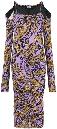 Purple VERSACE JEANS COUTURE ALL-OVER LOGO-PRINT GATHERED DRESS