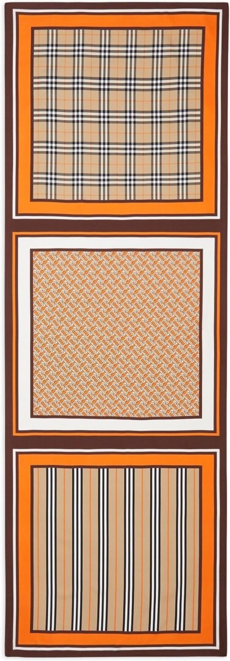 Burberry Monogram Icon Stripe and Check Print Silk Scarf - Brown