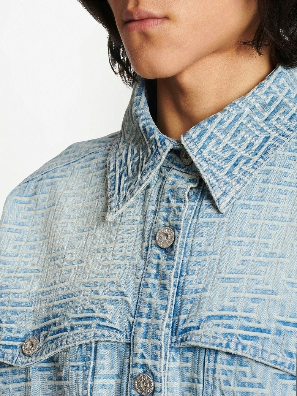Balmain monogram-jacquard Denim Shirt - Blue
