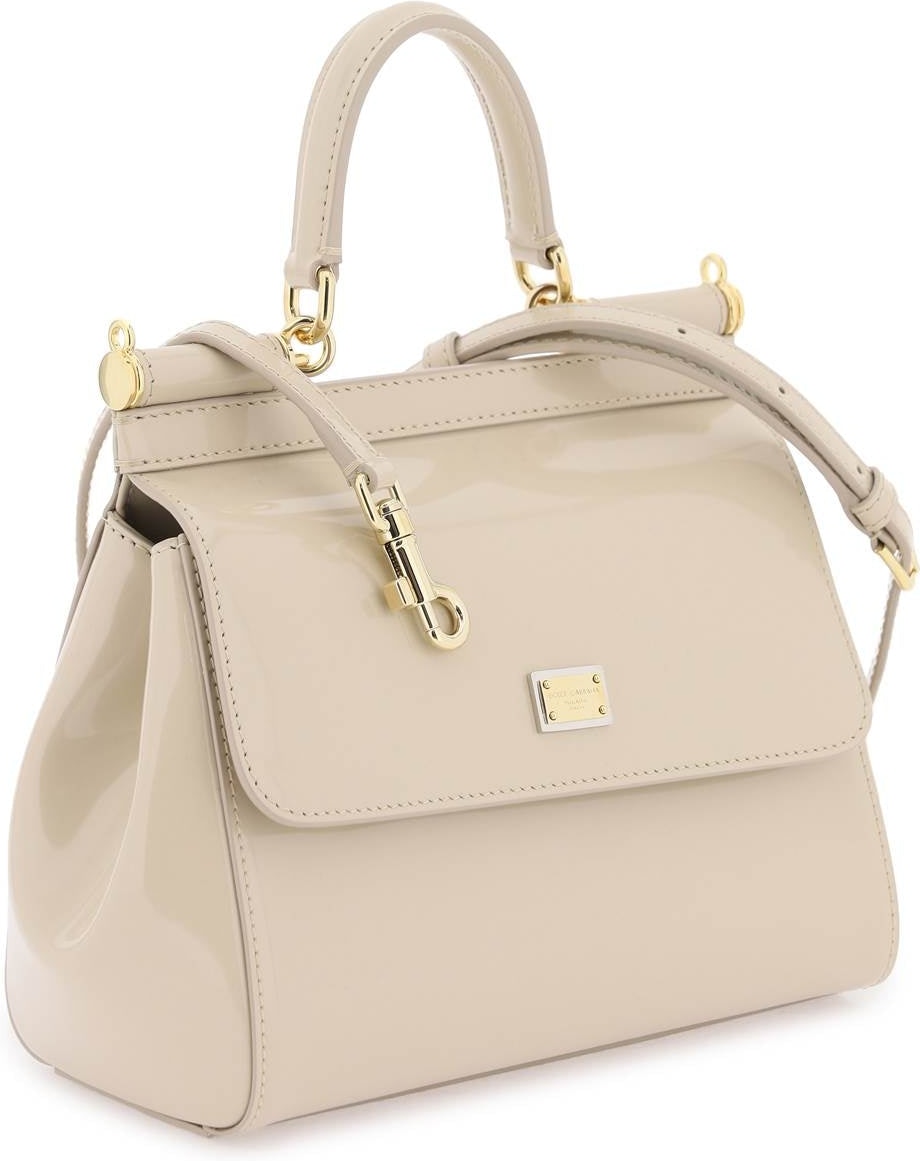 X Kim Sicily Small Patent Leather Shoulder Bag in Beige - Dolce