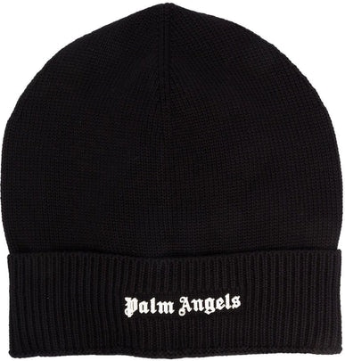 Black PALM ANGELS LOGO-LETTERING KNITTED BEANIE