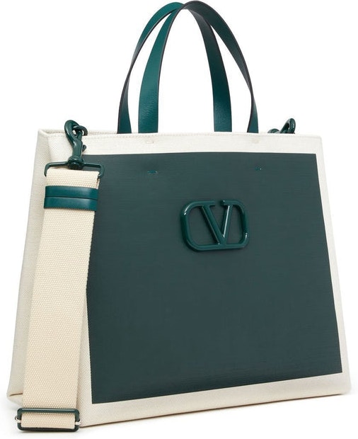 Valentino Garavani Vlogo Signature Tote Bag in Green Leather and Canva